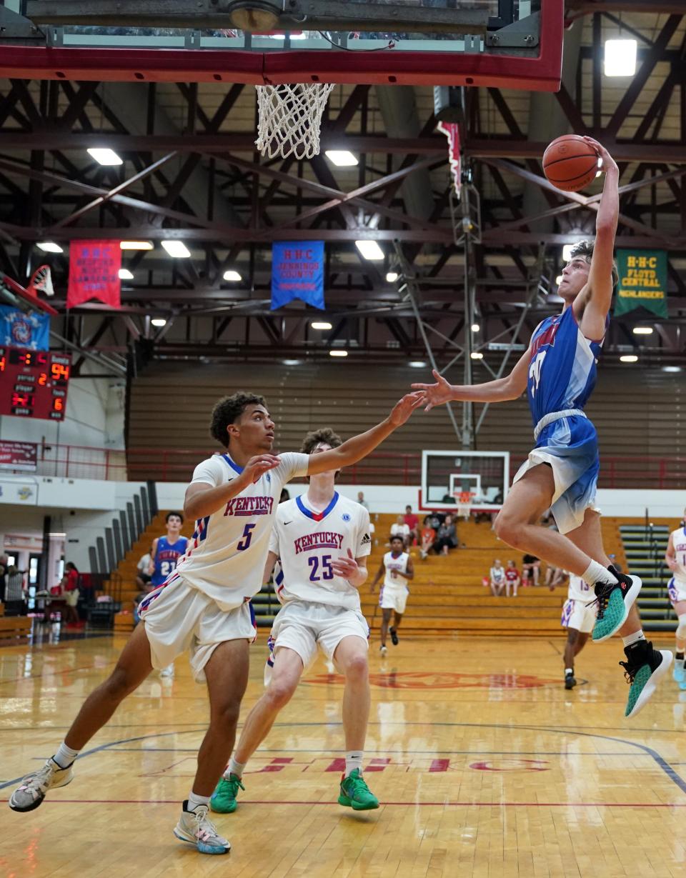 Linton-Stockton's Joey Hart (30) rises up for a dunk during the boys’ Indiana vs. Kentucky Junior All-Stars game at Bedford North Lawrence Sunday afternoon. (Bobby Goddin/Herald-Times)