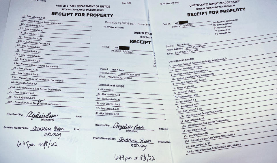 The three page itemized list of property seized in the execution of a search warrant by the FBI at former President Donald Trump's Mar-a-Lago estate is seen after being released by the U.S. District Court for the Southern District of Florida in West Palm Beach, Florida, U.S. August 12, 2022.   REUTERS/Jim Bourg