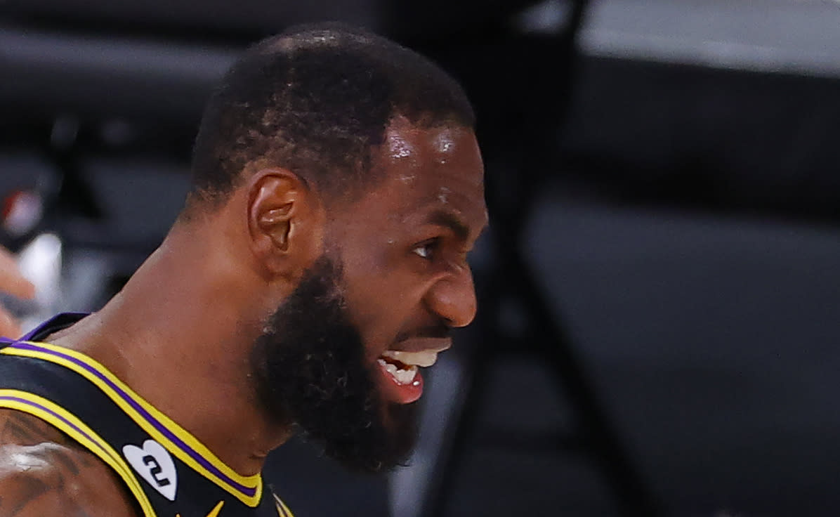 LAKE BUENA VISTA, FLORIDA - AUGUST 24: LeBron James #23 of the Los Angeles Lakers reacts against the Portland Trail Blazers during the second quarter in Game Four of the Western Conference First Round during the 2020 NBA Playoffs at AdventHealth Arena at ESPN Wide World Of Sports Complex on August 24, 2020 in Lake Buena Vista, Florida. NOTE TO USER: User expressly acknowledges and agrees that, by downloading and or using this photograph, User is consenting to the terms and conditions of the Getty Images License Agreement. (Photo by Kevin C. Cox/Getty Images)