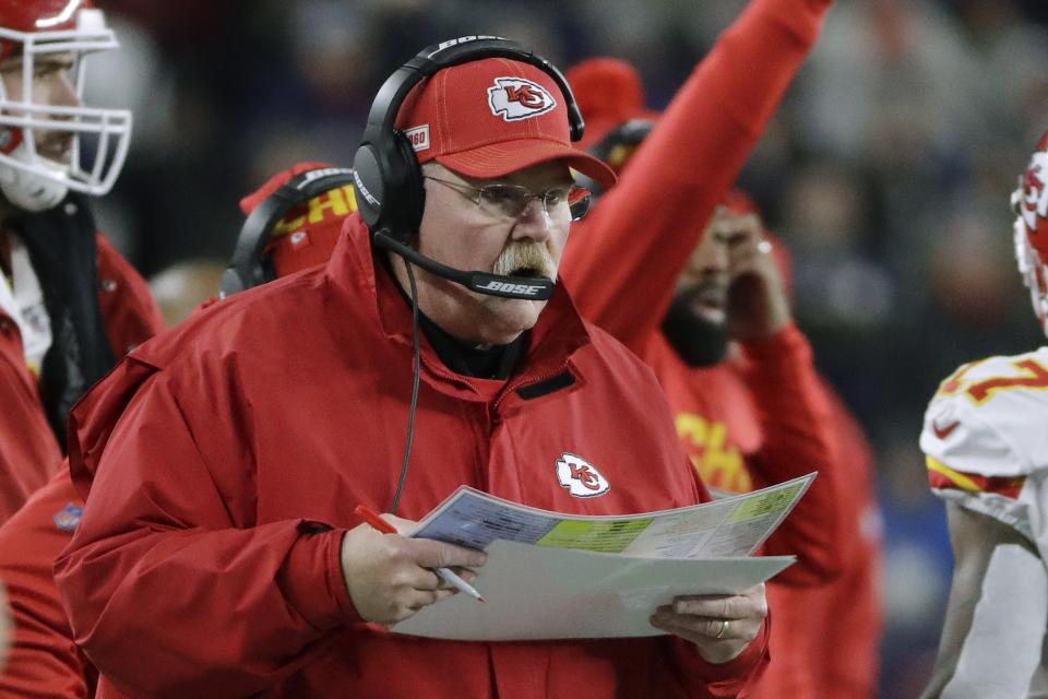 Kansas City Chiefs head coach Andy Reid works on the sideline in the first half of an NFL football game against the New England Patriots, Sunday, Dec. 8, 2019, in Foxborough, Mass. (AP Photo/Steven Senne)