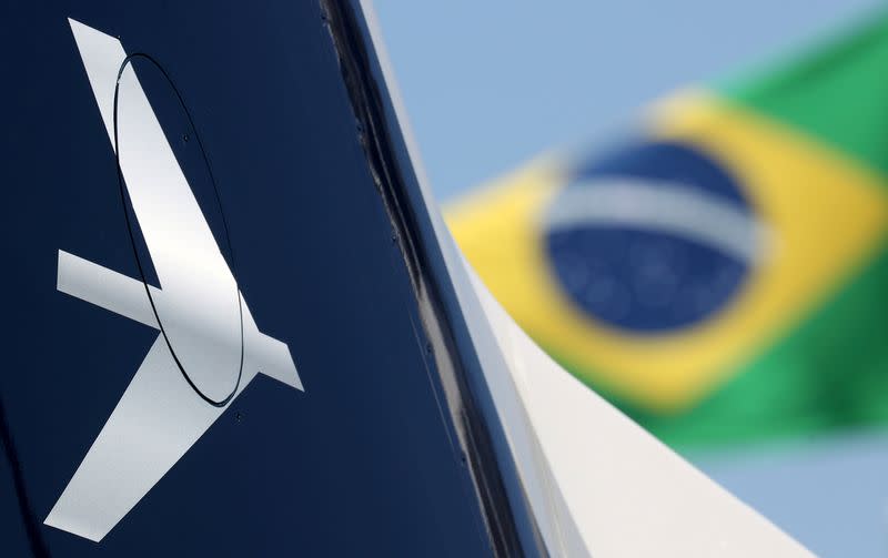 FILE PHOTO: The Embraer logo is seen during the LABACE fair in Sao Paulo