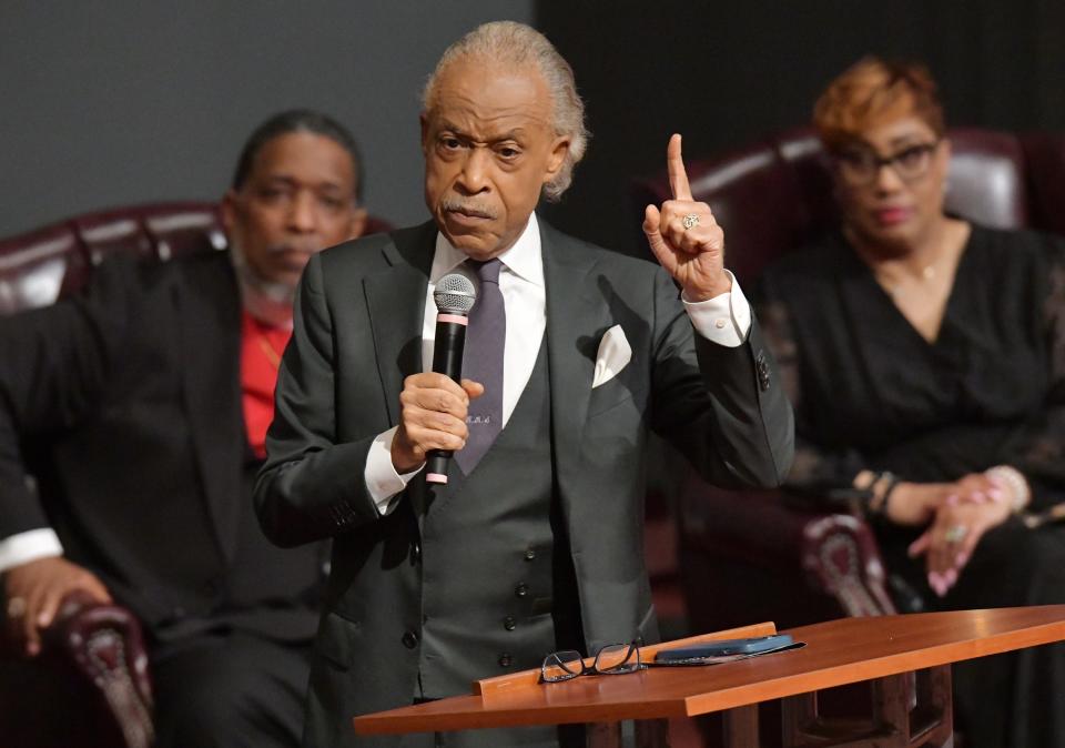 The Rev. Al Sharpton delivers the eulogy during a memorial service for shooting victim Angela Carr. Behind him are Bishop Rudolph McKissick Jr. and his wife Pastor Kimberly McKissick on Sept. 8 at The Bethel Baptist Church in Jacksonville. Carr was one of three people killed in the racially motivated shooting on Aug. 26.