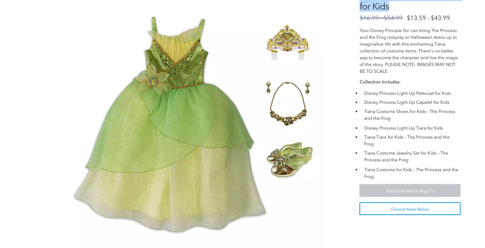 3) Tiana Costume Collection for Kids