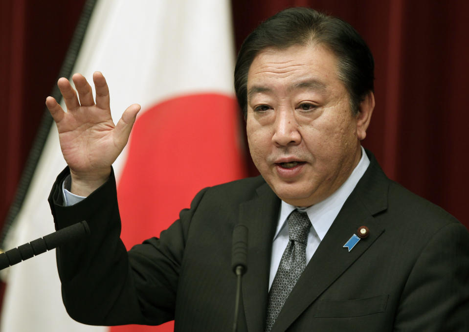 Japan's Prime Minister Yoshihiko Noda speaks during a press conference at his official residence in Tokyo, Friday, March 30, 2012. Japanese Prime Minister Noda vowed to stake his political career to achieve the sales tax increase Friday as his Cabinet endorsed a legislation to help counter the country's fiscal deficit. His pledge comes hours after his Cabinet endorsed a bill desgined to raise the 5 percent sales tax in two stages, to 8 percent in 2014 and 10 percent by 2015. (AP Photo/Shizuo Kambayashi)