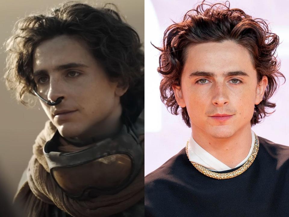 Timothée Chalamet as Paul Atreides in "Dune: Part Two" and Chalamet at the UK premiere of the film.