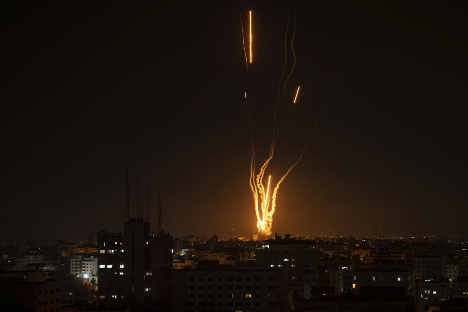 Rockets are launched from the Gaza Strip towards Israel, in Gaza, Wednesday, May 10, 2023. (AP Photo/Fatima Shbair)