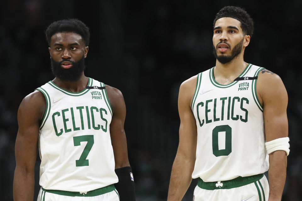 Jaylen Brown and Jayson Tatum have led the Boston Celtics to the NBA Finals. (Adam Glanzman/Getty Images)