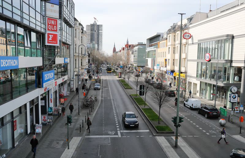 An empty shopping street is seen during the spread of coronavirus disease (COVID-19) in Berlin