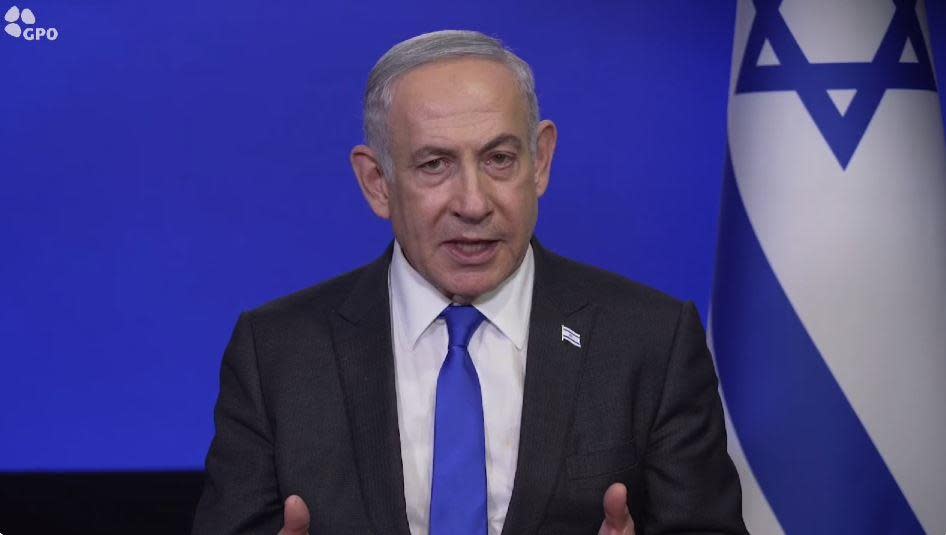 Israeli Prime Minister Benjamin Netanyahu is seen in a screengrab from a video statement released by his office on April 24, 2024, in which he called pro-Palestinian protests sweeping U.S. university campuses 