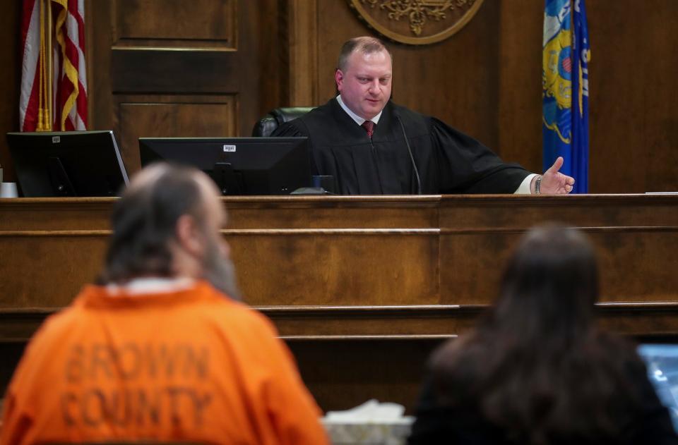 Brown County Circuit Judge Beau Liegeois addresses Richard Sotka during a sentencing hearing on Monday at the Brown County Courthouse in Green Bay. Sotka was sentenced to consecutive life sentences without the possibility of parole after being convicted for two counts of intentional homicide in the January 2023 deaths of Rhonda Cegelski, 58, of Green Bay, and Paula O'Connor, 53, of Bellevue.