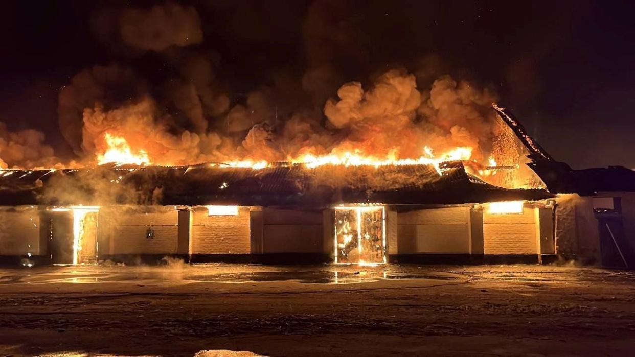 A warehouse burns after a Russian drone strike on Uman, Cherkasy (via REUTERS)