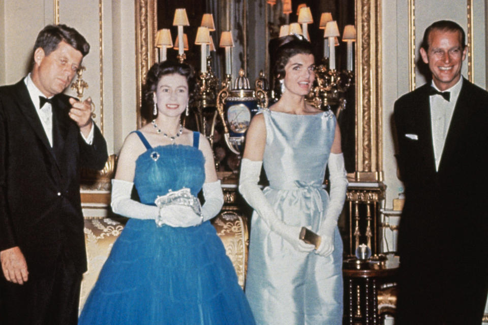 President John F. Kennedy, Queen Elizabeth II, first lady Jackie Kennedy, and Prince Philip at Buckingham Palace on June 5, 1961. (Bettmann Archive via Getty Images)