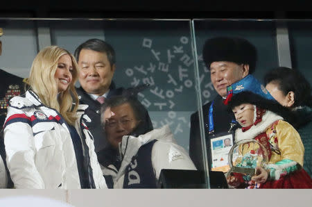 Pyeongchang 2018 Winter Olympics - Closing ceremony - Pyeongchang Olympic Stadium - Pyeongchang, South Korea - February 25, 2018 - Ivanka Trump (L to R), U.S. President Donald Trump's daughter and senior White House adviser, South Korean President Moon Jae-in and Kim Yong Chol of the North Korea delegation attend the closing ceremony. REUTERS/Lucy Nicholson