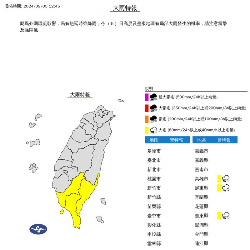 氣象署在今（5）天12:45發布大雨特報。（圖／翻攝自氣象署）