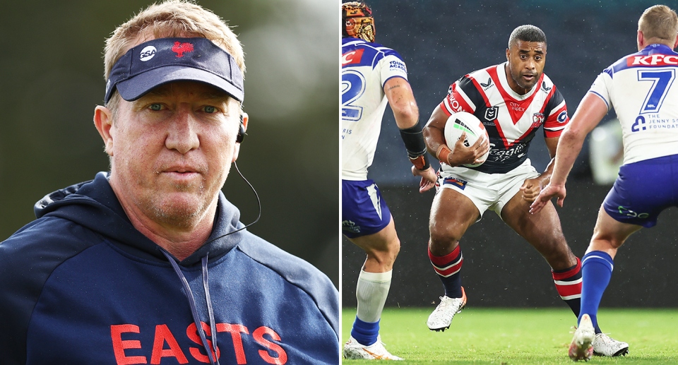 Pictured Roosters coach Trent Robinson left and Michael Jennings right