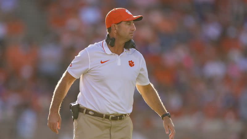 Clemson head coach Dabo Swinney looks on against Wake Forest during an NCAA college football game on Saturday, Oct. 7, 2023, in Clemson, S.C.