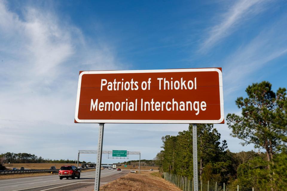 A sign at the I-95 exit for Harrietts Bluff Road in Woodbine, Georgia.