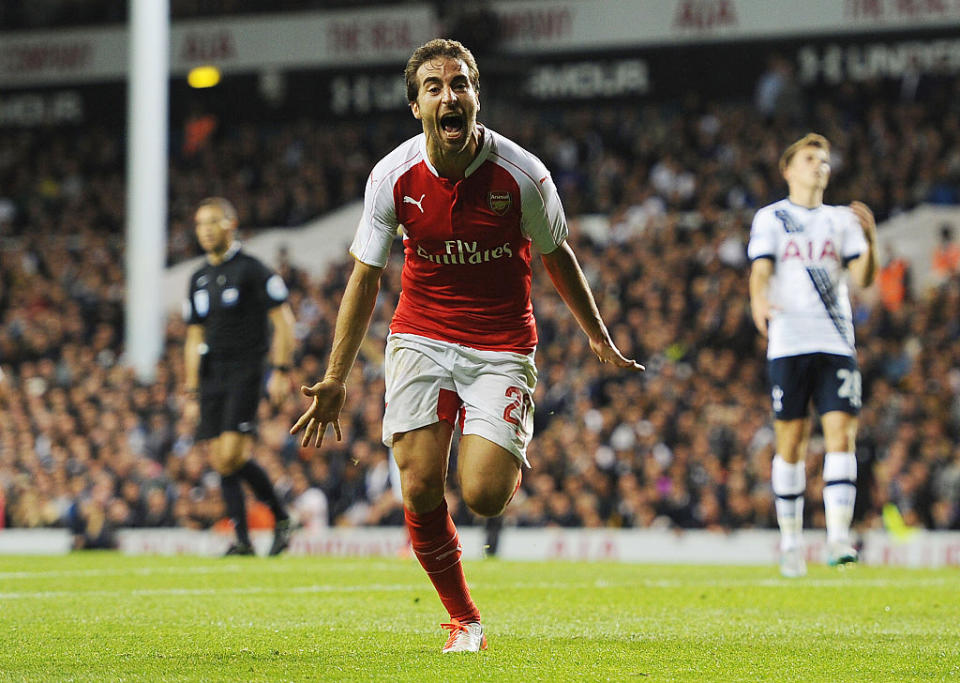 Mathieu Flamini scores the 2nd Arsenal goal during the Capital One Cup Third Round match between Tottenham Hotspur and Arsenal at White Hart Lane on September 23, 2015 in London, England.