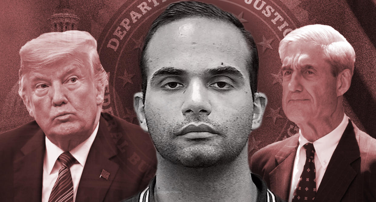 Donald Trump, George Papadopoulos, Robert Mueller (Photo illustration: Yahoo News; photos: Win McNamee/Getty Images, Alexandria Sheriff’s Office/Handout via Reuters, Nicholas Kamm/AFP/Getty Images)