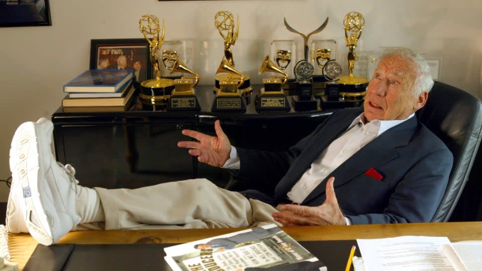 Mel Brooks with Emmy, GRAMMY and Tony awards. 