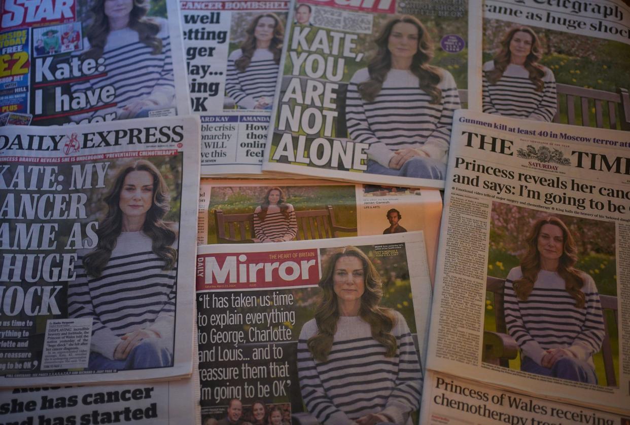 The front pages of national newspapers on display in London, showing the news of the Princess of Wales cancer diagnosis. Picture date: Saturday March 23, 2024.