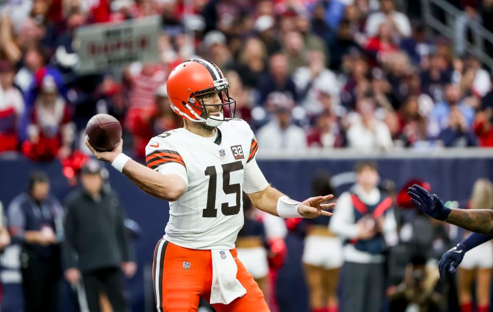 Jan 13, 2024; Houston, Texas, USA; Cleveland Browns quarterback Joe Flacco (15) throws the ball during the first quarter in a 2024 AFC wild card game at NRG Stadium. Mandatory Credit: Thomas Shea-USA TODAY Sports