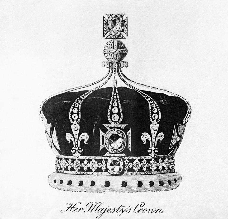 Queen Mary's crown, made for the Coronation of King George V. The crown was made by Garrard & Co and contains 2,200 diamonds. It contained the Koh-i-Noor diamond as well as Cullinan III and Cullinan IV. (Photo by PA Images via Getty Images)