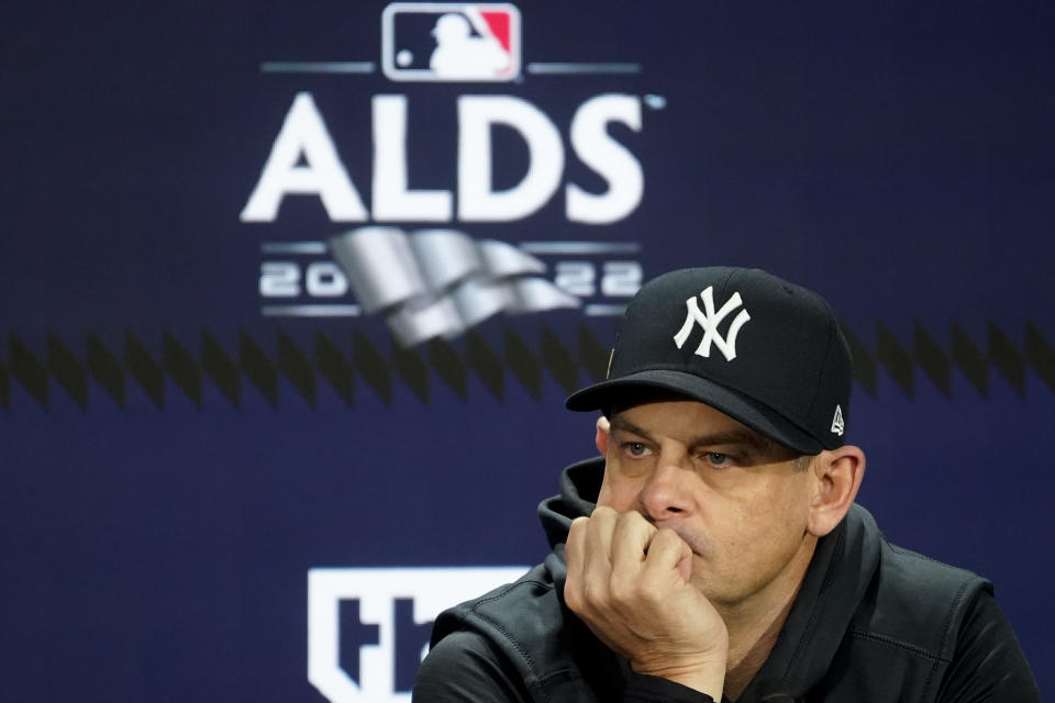 New York Yankees manager Aaron Boone attends a news conference before a workout ahead of Game 1 of baseball's American League Division Series against the Cleveland Guardians, Monday, Oct. 10, 2022, in New York. (AP Photo/John Minchillo)