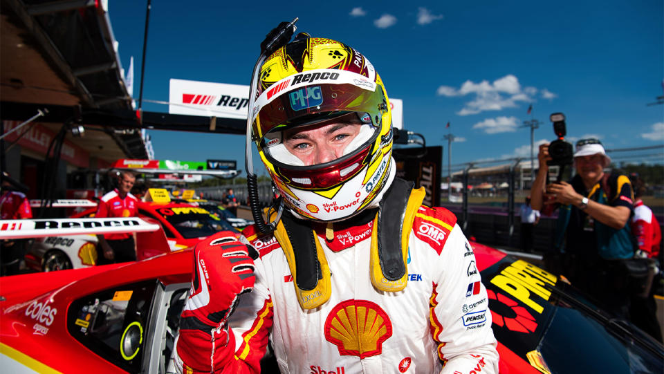 Scott McLaughlin driver of the #17 Shell V-Power Racing Team Ford Mustang celebrates after taking pole position for race 2 of the Darwin Triple Crown round of the Supercars Championship at Hidden Valley Raceway at Hidden Valley Raceway on June 16, 2019 in Darwin, Australia. (Photo by Daniel Kalisz/Getty Images)