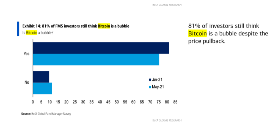 A majority of investors think bitcoin is a bubble. Chart: Bank of America