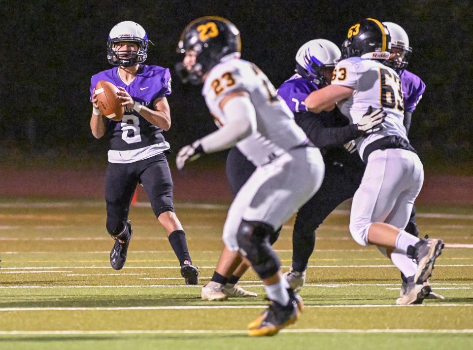 Mission Oak's Daniel Gonzalez looks to pass against San Luis Obispo in a Central Section Division III high school first-round football playoff game on Thursday, November 3, 2022. 