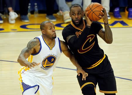 June 19, 2016; Oakland, CA, USA; Cleveland Cavaliers forward LeBron James (23) controls the ball against Golden State Warriors forward Andre Iguodala (9) in the second half in game seven of the NBA Finals at Oracle Arena. Mandatory Credit: Cary Edmondson-USA TODAY Sports