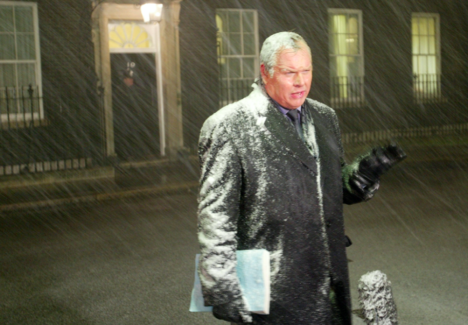 Adam Boulton presenting outside a snowy Downing Street in 2004. (Reuters)