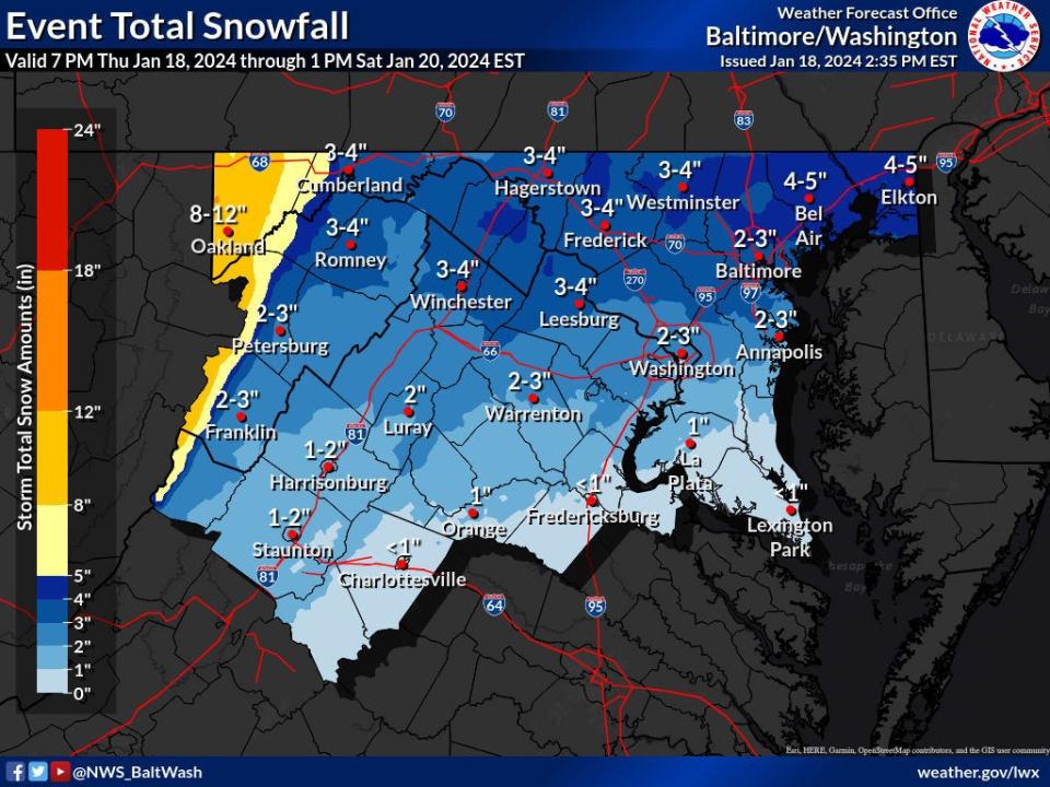 The National Weather Service's snow forecast for Washington County and West Virginia's Eastern Panhandle for Friday, Jan. 19, 2024.