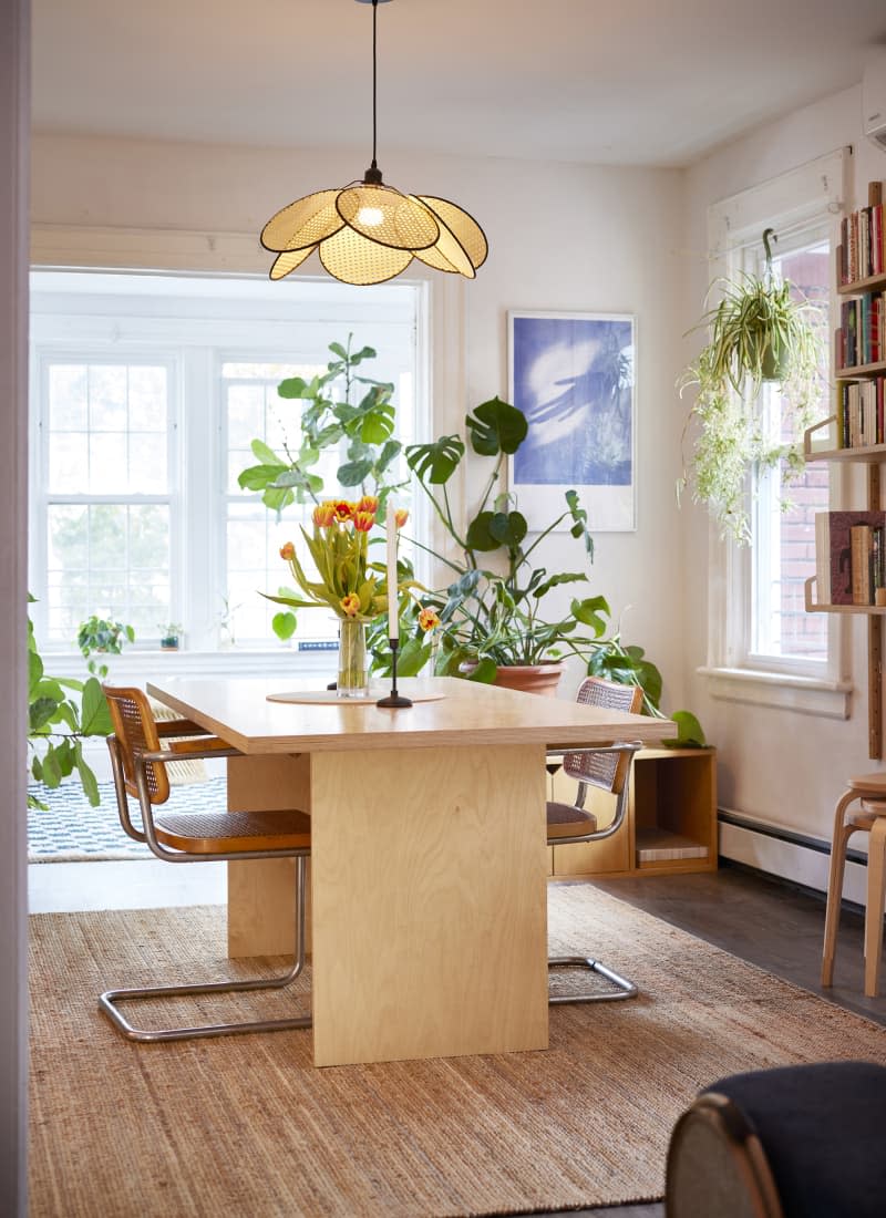 White dining room with large wood table and rattan backed chairs on sisal rug. Lots of plants around and rattan petal pendant light