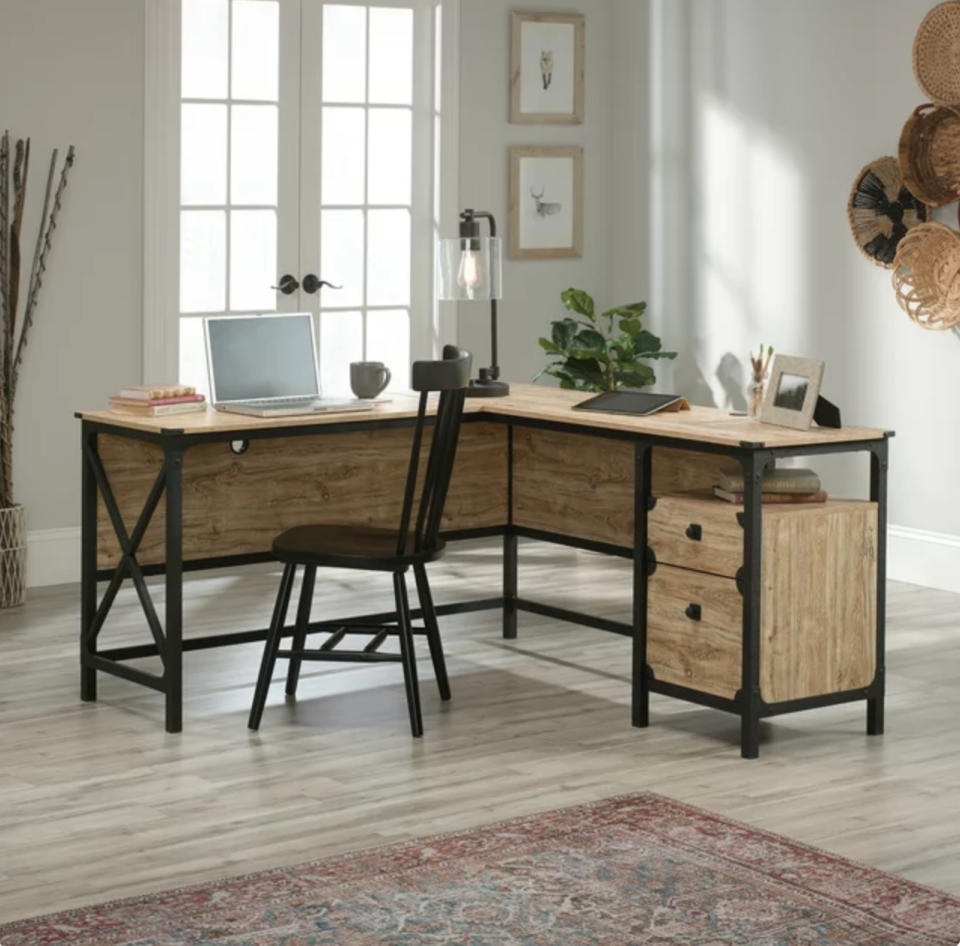 L-shaped wooden industrial desk