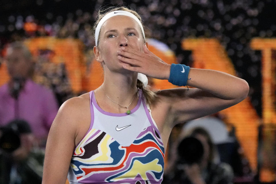 Victoria Azarenka of Belarus reacts after defeating Jessica Pegula of the U.S. in their quarterfinal match at the Australian Open tennis championship in Melbourne, Australia, Tuesday, Jan. 24, 2023. (AP Photo/Aaron Favila)