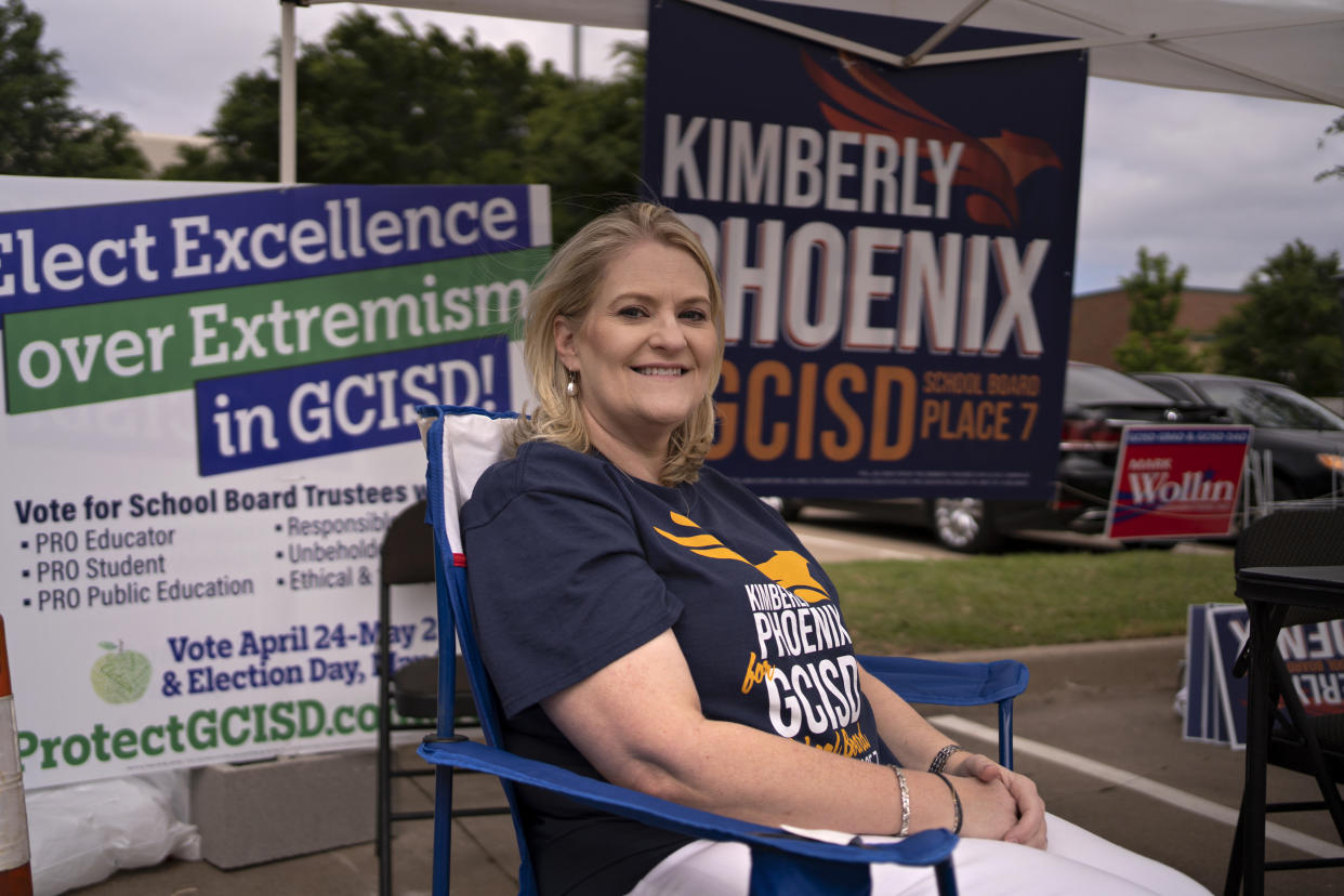 Image: GCISD school board candidate Kimberly Phoenix outside a voting location at the Grapevine Library in Texas on Saturday. (Danielle Villasana for NBC news)