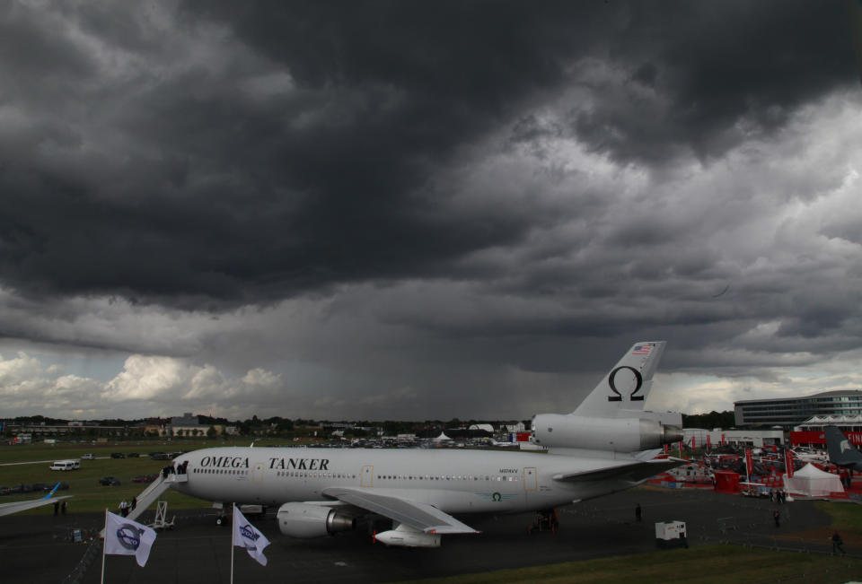 The Omega Tanker aircraft is seen parked on the tarmac on the third day at the Farnborough International Airshow, in Farnborough, England, Wednesday, July 11, 2012. (AP Photo/Lefteris Pitarakis)