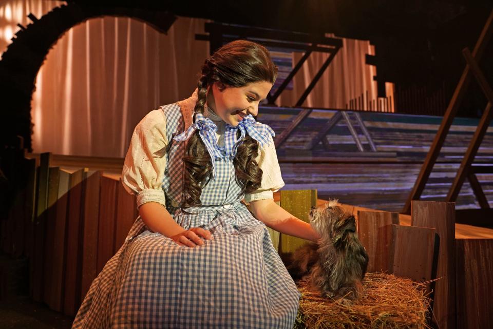 Maddy Moore plays "Dorothy Gale" and Scrappy plays "Toto" in "The Wizard of Oz," on stage at Titusville Playhouse through Dec. 10, 2023. Visit titusvilleplayhouse.com.