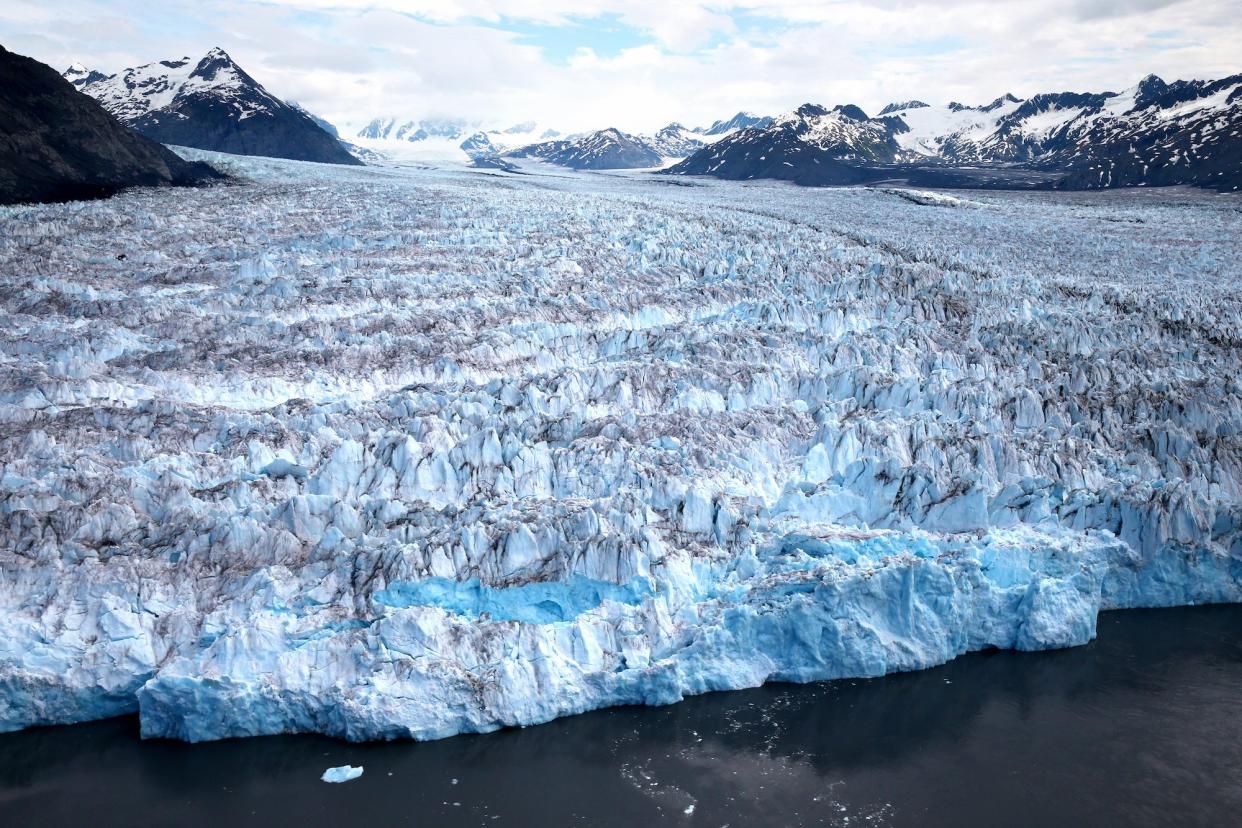 In this aerial image, retreated Columbia Glacier is seen on June 24, 2017 in Valdez, Alaska, United States. The tidal glacier retreated 29 kilometres in the past 30 years.