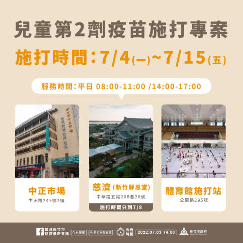 新竹市7月4日起將開設「兒童第2劑疫苗施打專案」，提供符合5-11歲兒童第2劑施打資格者施打服務。 圖：新竹市政府提供