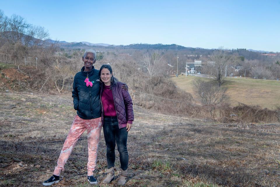 Haywood Street Community Development board members Jeanette King, left, and Carrie Pettler, at the site of the organization’s first deeply-affordable housing project in Asheville, February 15, 2024.