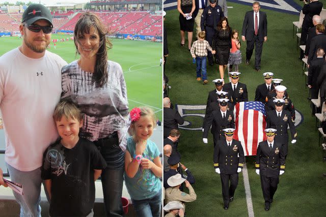 <p>Courtesy of Taya Kyle; Max Faulkner/Fort Worth Star-Telegram/Tribune News Service via Getty</p> Chris and Taya Kyle with their children in Dallas in 2012; Taya and the children at Chris's memorial on Feb. 11, 2013, at Cowboys Stadium in Arlington, Texas.