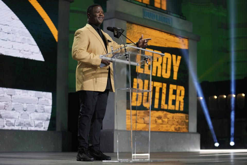 Former football player LeRoy Butler announces Michigan State wide receiver Jayden Reed as the selection by the Green Bay Packers during the second round of the NFL football draft, Friday, April 28, 2023, in Kansas City, Mo. (AP Photo/Jeff Roberson)