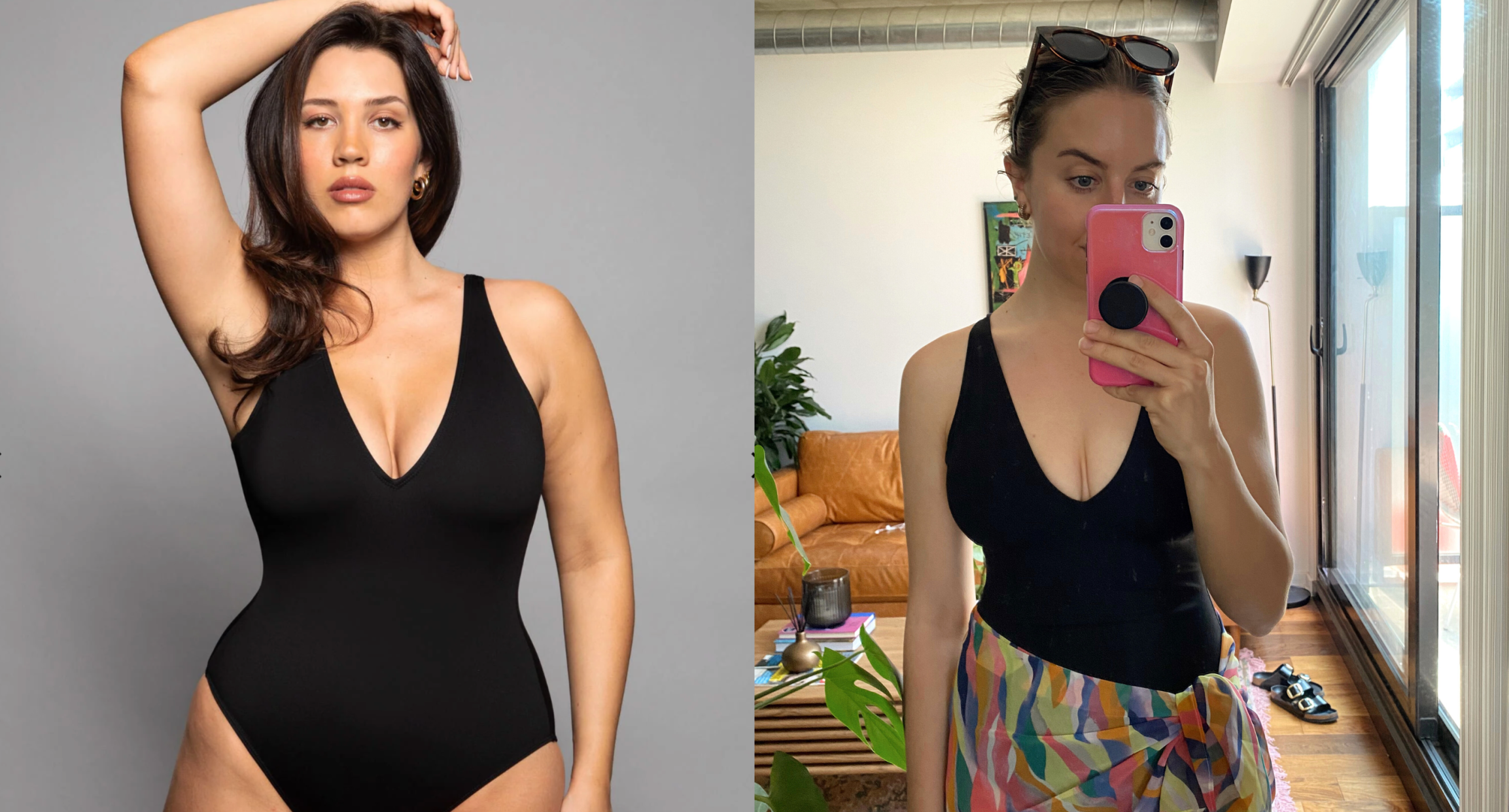 split screen of model wearing TA3 swim black swimsuit and brunette woman taking selfie in black swimsuit and sarong