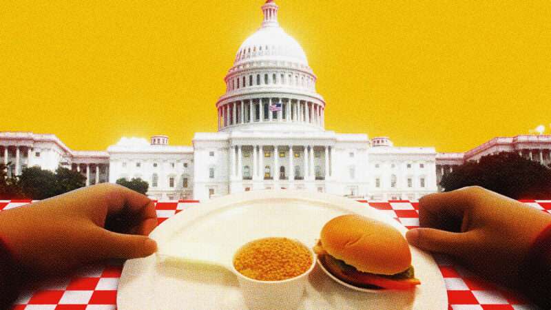 An illustration of a plated meal in front of the U.S. Capitol