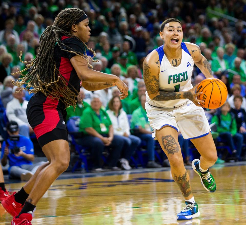 FGCU's Kierstan Bell (1) dribbles during the 2022 ASUN Women's Basketball Championship between FGCU and Jacksonville State on Saturday, March 12, 2022 at Alico Arena in Fort Myers, Fla.

Ndn 20220312 Fgcu Vs Jacksonville State Asun Championship1254