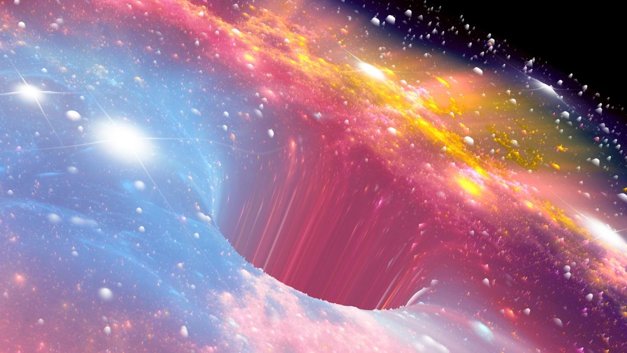  An illustration of a rainbow-colored cloud of gas in space getting sucked into a funnel-like opening 