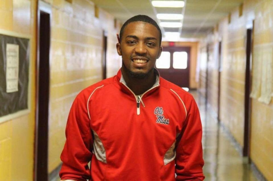 PHOTO: Phelton Moss stands in the hallway at Quitman County Middle School as a first year principal in Marks, Miss., in 2015. (Courtesy Phelton Moss)